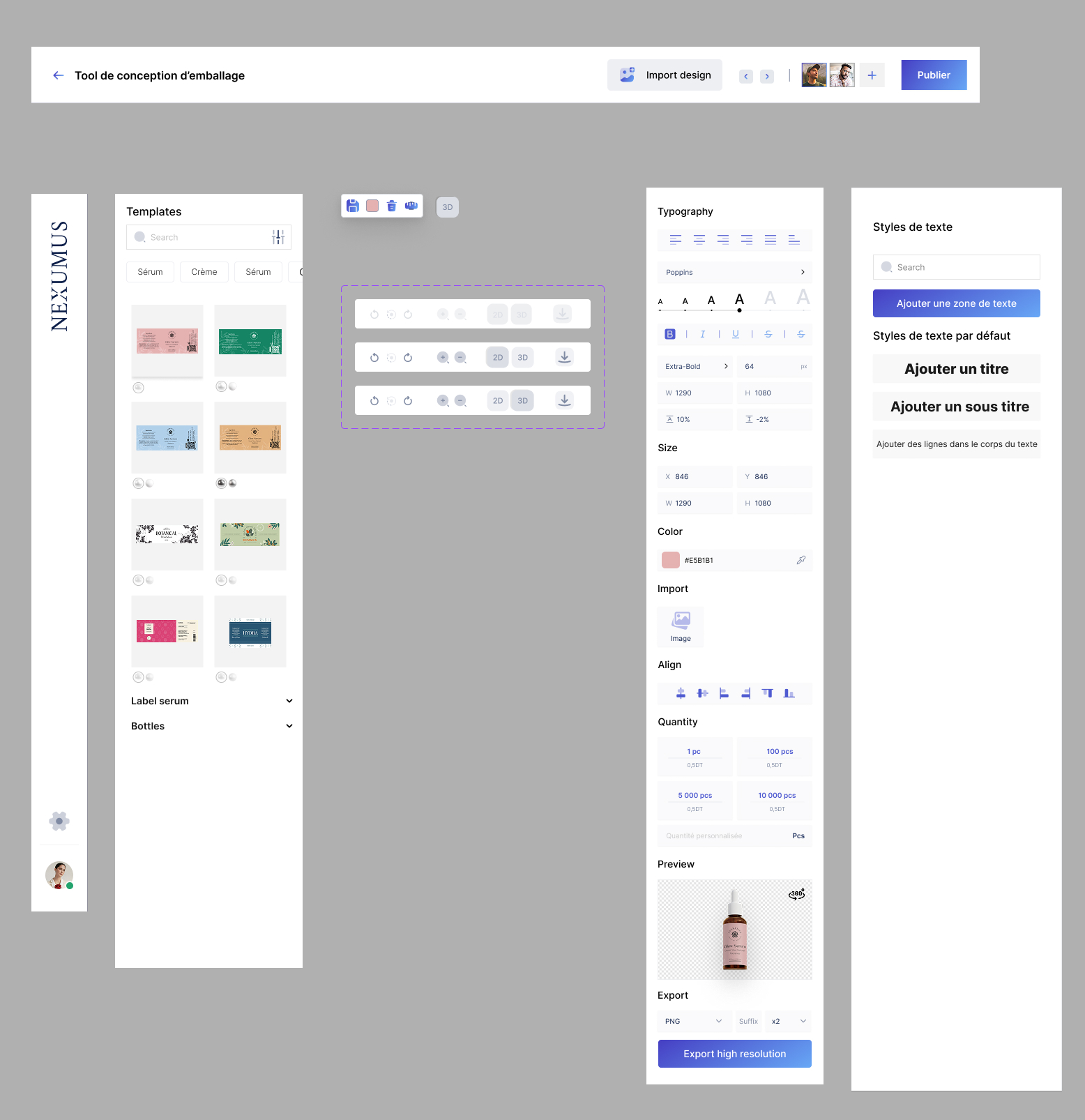 Vue complète de l'interface de l'éditeur d'emballage avec bibliothèque de templates