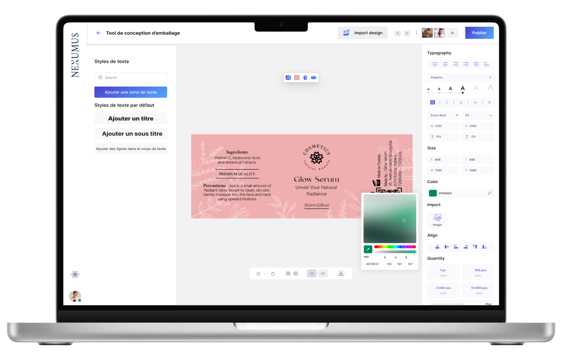 Éditeur d'étiquette Nexumus affiché sur un MacBook